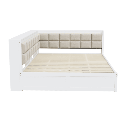 Sofá-cama em madeira 140 x 200 cm - cama multifuncional com encosto acolchoado e gaveta grande para arrumação - pinho branco
