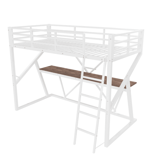 Cama alta 90x200cm - Estrutura em ferro, LED, corrimão, escada, secretária - Branco