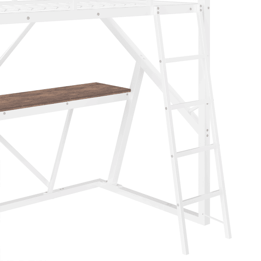 Cama alta 90x200cm - Estrutura em ferro, LED, corrimão, escada, secretária - Branco