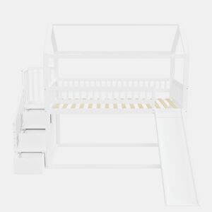 Cama alta infantil 90x200 cm - com escorregador, escada com arrumação, estrutura em madeira maciça, corrimão alto - branco