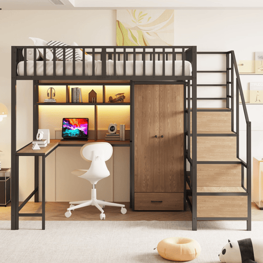 Cama alta metálica 140x200 cm - Secretária, estante, armário, gavetas, LED, Preto