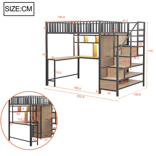 Cama alta metálica 140x200 cm - Secretária, estante, armário, gavetas, LED, Preto