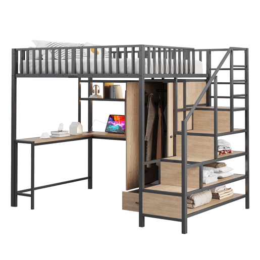 Cama alta metálica 140x200 cm - Secretária, estante, armário, gavetas, LED, Preto