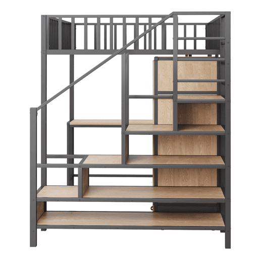 Cama alta metálica 140x200 cm - Secretária, estante, armário, gavetas, LED, Preto