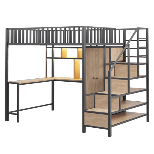 Cama alta metálica 140x200 cm - Secretária, estante, armário, gavetas, LED, Preto