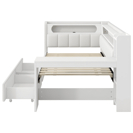 Cama de dia estofada 90x200 - com USB, LED, secretária e 2 gavetas - Branca