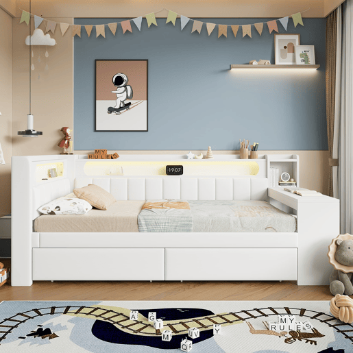 Cama de dia estofada 90x200 - com USB, LED, secretária e 2 gavetas - Branca