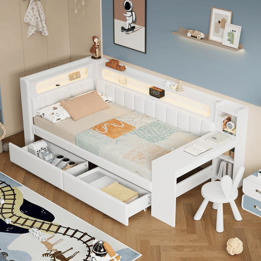 Cama de dia estofada 90x200 - com USB, LED, secretária e 2 gavetas - Branca
