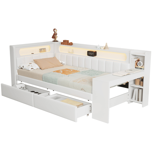 Cama de dia estofada 90x200 - com USB, LED, secretária e 2 gavetas - Branca
