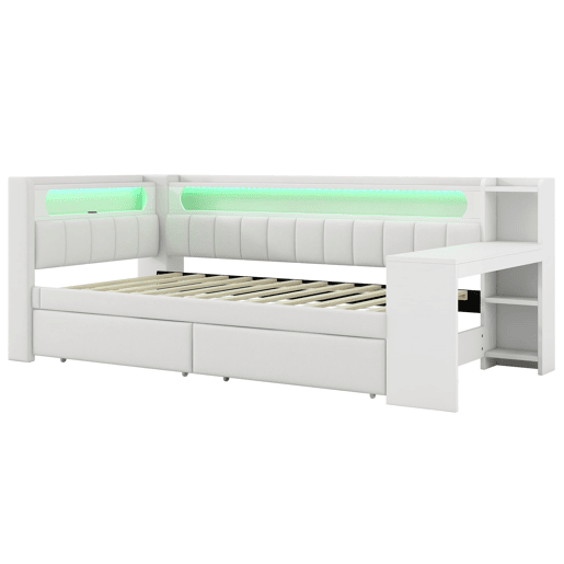Cama de dia estofada 90x200 - com USB, LED, secretária e 2 gavetas - Branca