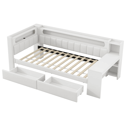 Cama de dia estofada 90x200 - com USB, LED, secretária e 2 gavetas - Branca