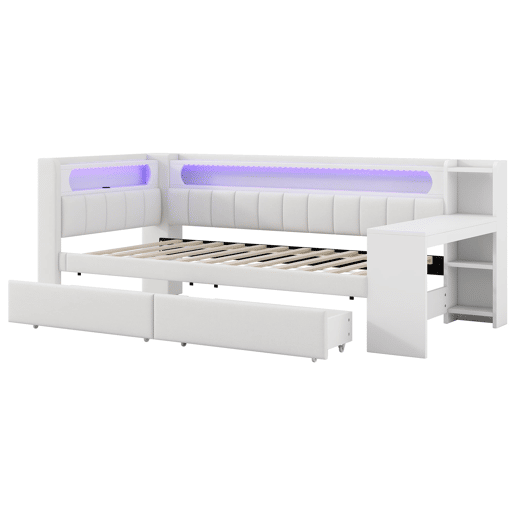 Cama de dia estofada 90x200 - com USB, LED, secretária e 2 gavetas - Branca