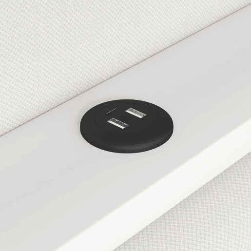 Cama de dia estofada 90x200 - com USB, LED, secretária e 2 gavetas - Branca