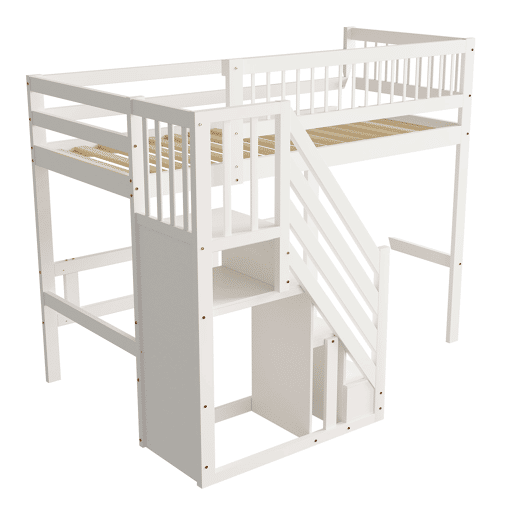 Cama alta em madeira maciça 90x200 - com escada e armário de arrumação, cama individual para crianças e jovens - branco