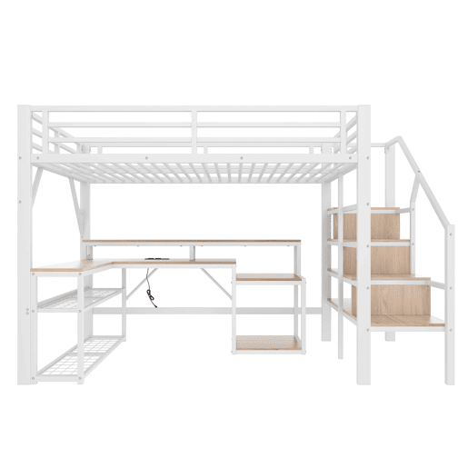 Cama alta 140x200 cm - Metal, estante, escada com arrumação, secretária, LED, USB - Branco