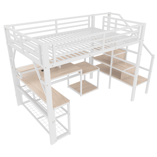 Cama alta 140x200 cm - Metal, estante, escada com arrumação, secretária, LED, USB - Branco