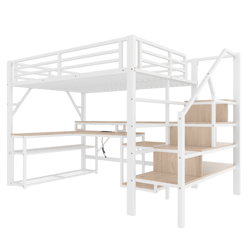 Cama alta 140x200 cm - Metal, estante, escada com arrumação, secretária, LED, USB - Branco