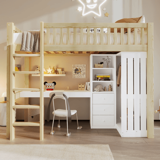 Cama alta 90x200 cm - Secretária, armário, 3 gavetas, estante, grade, escada - Natural