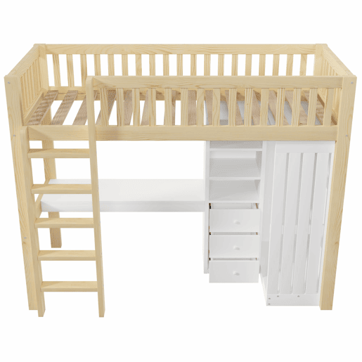 Cama alta 90x200 cm - Secretária, armário, 3 gavetas, estante, grade, escada - Natural