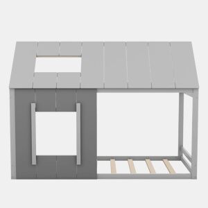 Cama cabina em madeira de pinho 90x200cm - cama para crianças com teto e janela e estrado - Cinzento
