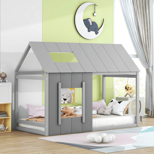Cama cabina em madeira de pinho 90x200cm - cama para crianças com teto e janela e estrado - Cinzento