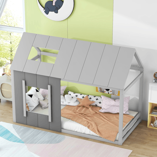 Cama cabina em madeira de pinho 90x200cm - cama para crianças com teto e janela e estrado - Cinzento