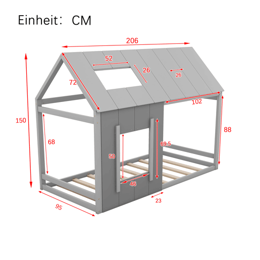 Cama cabina em madeira de pinho 90x200cm - cama para crianças com teto e janela e estrado - Cinzento