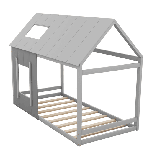 Cama cabina em madeira de pinho 90x200cm - cama para crianças com teto e janela e estrado - Cinzento