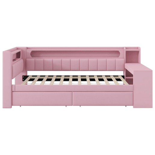 Cama tipo sofá-cama 90x200 - acolchoada, USB, LED, secretária e 2 gavetas - Rosa