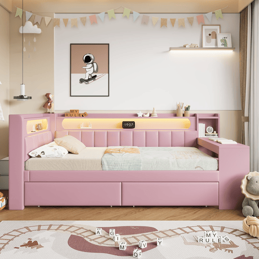 Cama tipo sofá-cama 90x200 - acolchoada, USB, LED, secretária e 2 gavetas - Rosa