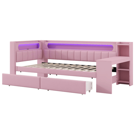 Cama tipo sofá-cama 90x200 - acolchoada, USB, LED, secretária e 2 gavetas - Rosa