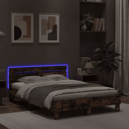 Estrutura Cama de casal simple c cabeceiraluzes LED 135x190cm carvalho fumado