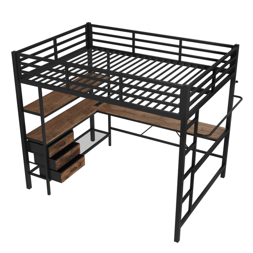 Cama alta 140x200cm - Com LED, secretária, tomada + USB, 3 gavetas, prateleiras, grade, escada - Preto