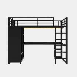 Cama alta para jogos 140x200 - LED, secretária, armário aberto e prateleiras - Preto
