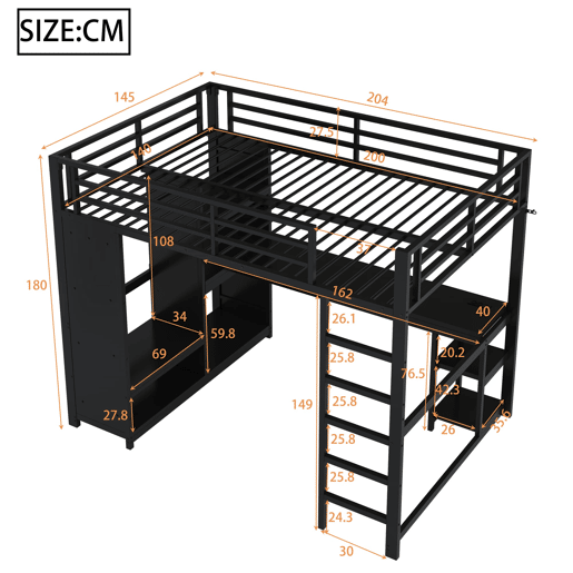 Cama alta para jogos 140x200 - LED, secretária, armário aberto e prateleiras - Preto
