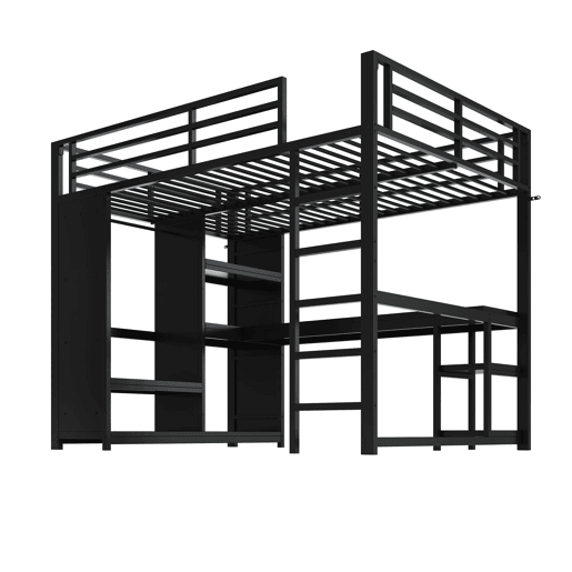 Cama alta para jogos 140x200 - LED, secretária, armário aberto e prateleiras - Preto