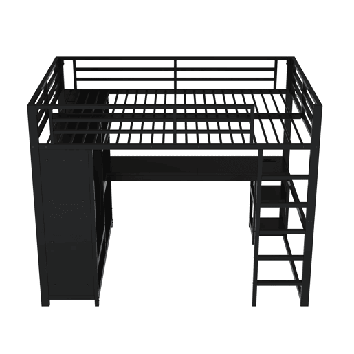Cama alta para jogos 140x200 - LED, secretária, armário aberto e prateleiras - Preto
