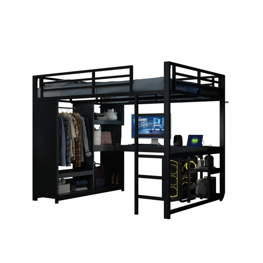 Cama alta para jogos 140x200 - LED, secretária, armário aberto e prateleiras - Preto