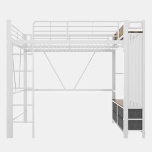 Cama alta 90x200 cm - estrutura em ferro, barra para secar roupa, prateleiras, 4 gavetas, USB+Type-C, LED, grade de proteção, escada, painel perfurado - branco