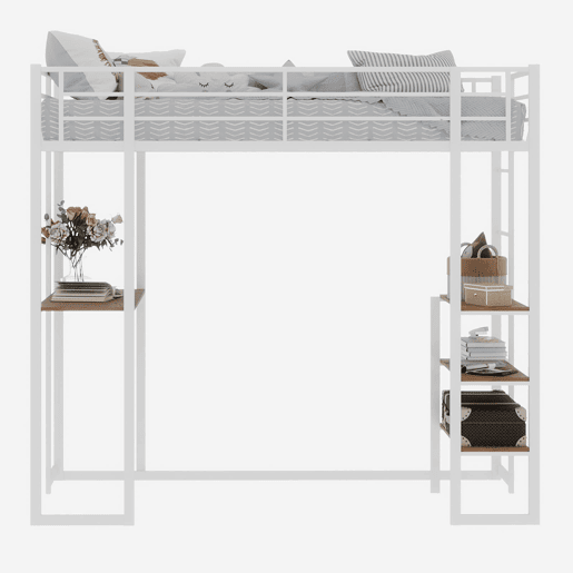 Cama infantil com secretária L - estrutura em ferro, grade e escada - branco