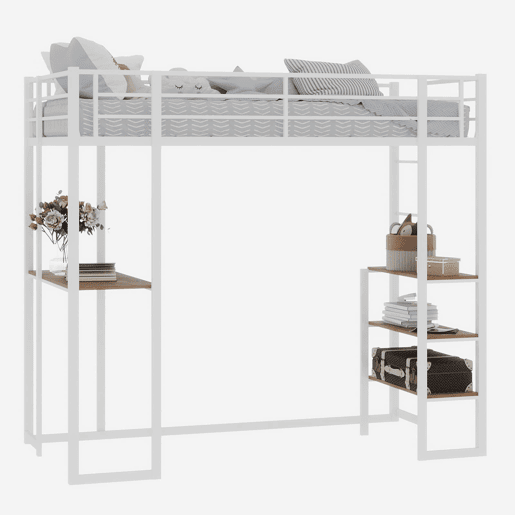 Cama infantil com secretária L - estrutura em ferro, grade e escada - branco