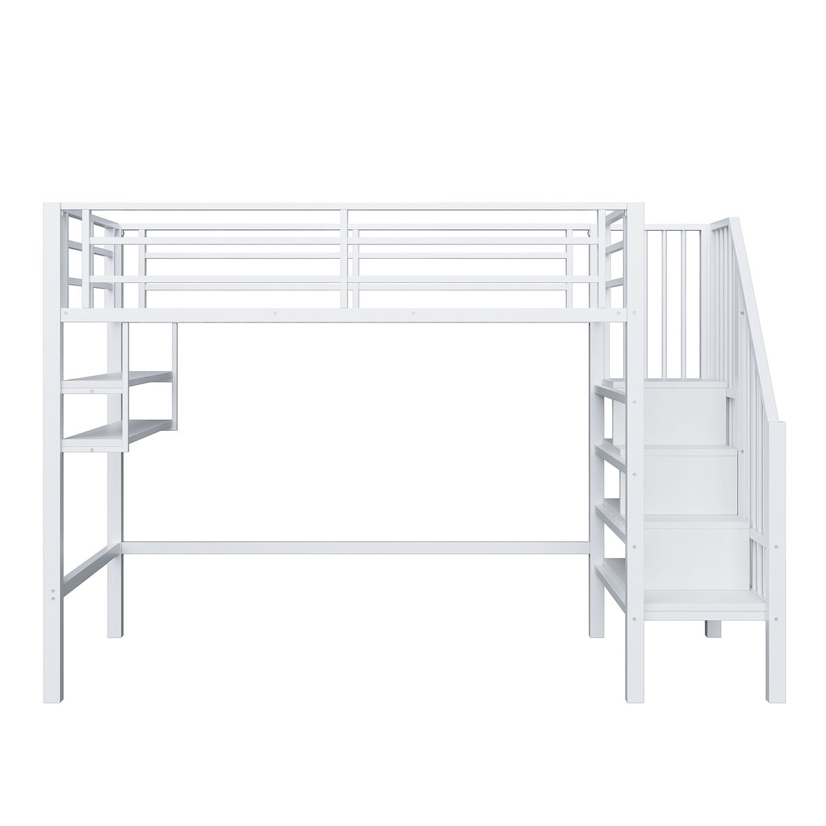 Cama alta 90x200 cm - estanterías, escalera de almacenamiento, espacio libre para vestirse, barandilla - blanco