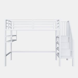 Cama alta 90x200 cm - Estantes, escada de arrumação, espaço livre para vestir-se, corrimão - Branco