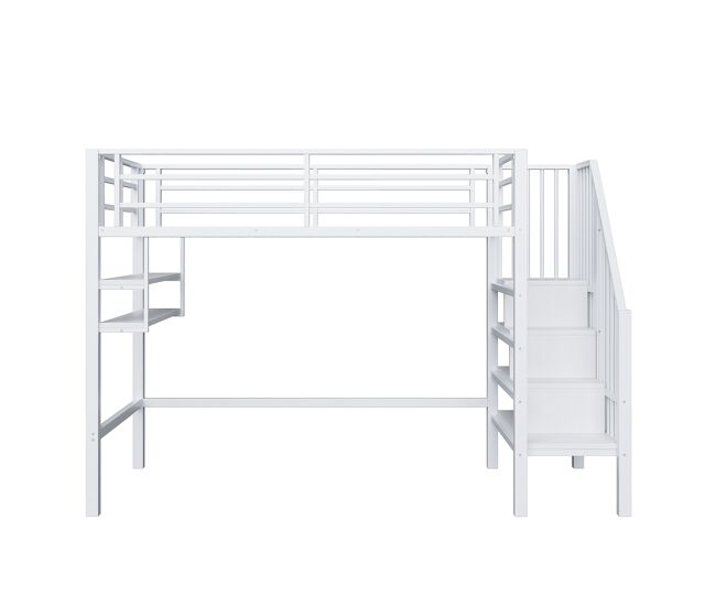 Cama alta 90x200 cm - estanterías, escalera de almacenamiento, espacio libre para vestirse, barandilla - blanco