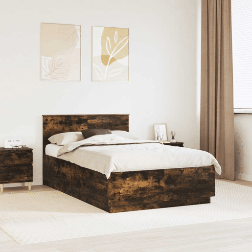 Estrutura de cama de casal com cabeceira - Carvalho Defumado 135 x 190 cm