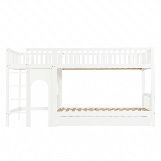Cama alta infantil 90x200 - Escada reta de 4 degraus, grades nos 4 lados, design personalizável - Branco + Natural