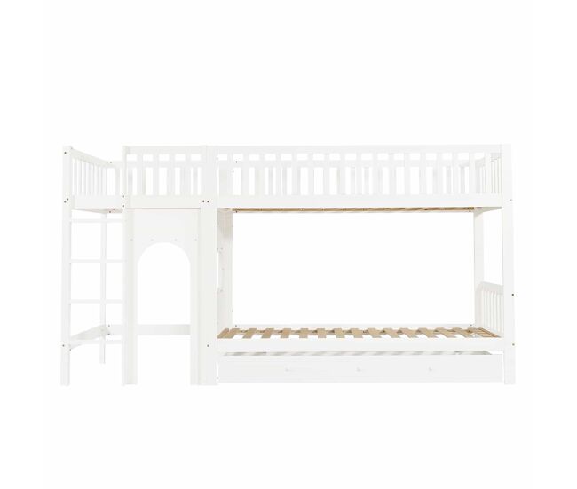 Cama alta infantil 90x200 - escalera recta de 4 niveles, barandillas en 4 lados, diseño personalizable - blanco + natural