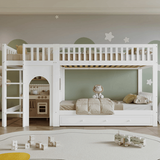 Cama alta infantil 90x200 - Escada reta de 4 degraus, grades nos 4 lados, design personalizável - Branco + Natural