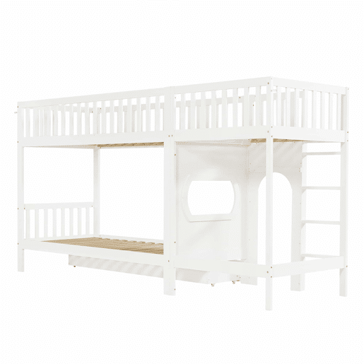 Cama alta infantil 90x200 - Escada reta de 4 degraus, grades nos 4 lados, design personalizável - Branco + Natural