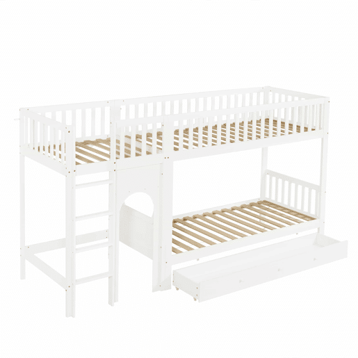 Cama alta infantil 90x200 - Escada reta de 4 degraus, grades nos 4 lados, design personalizável - Branco + Natural